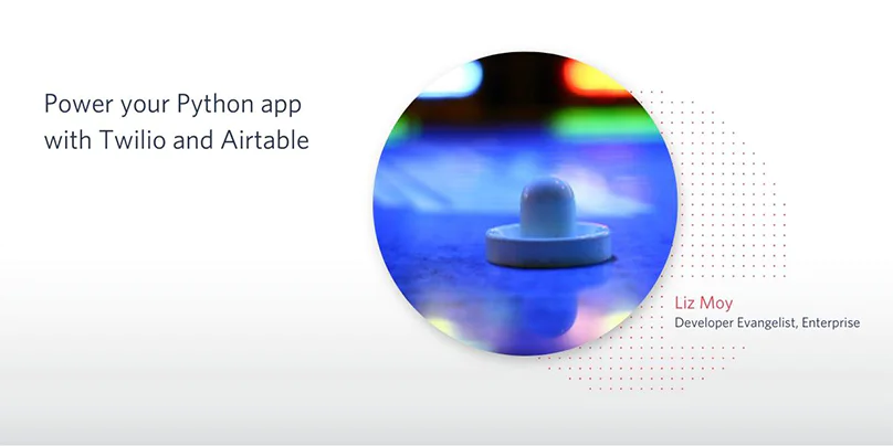 Circular close-up of a game board piece promoting Python app integration with Twilio and Airtable