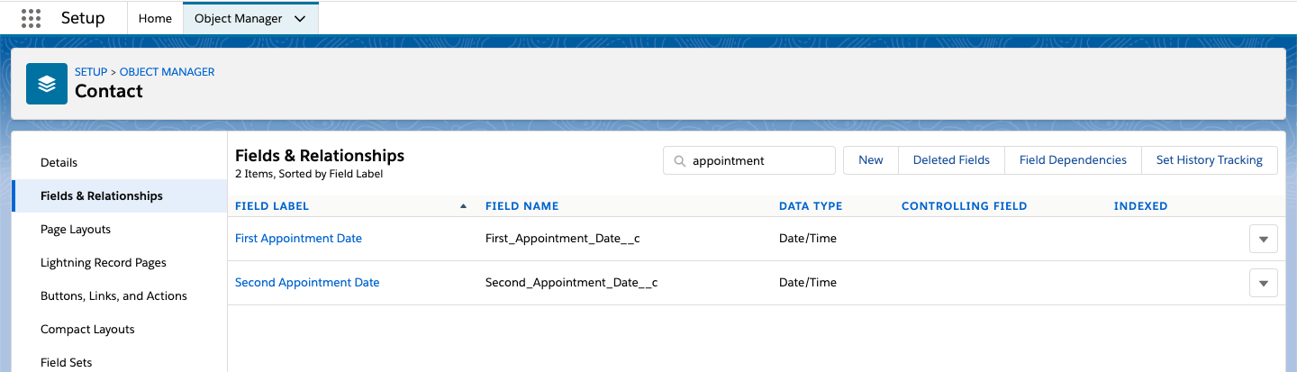 Screenshot of the Salesforce object manager with custom fields.