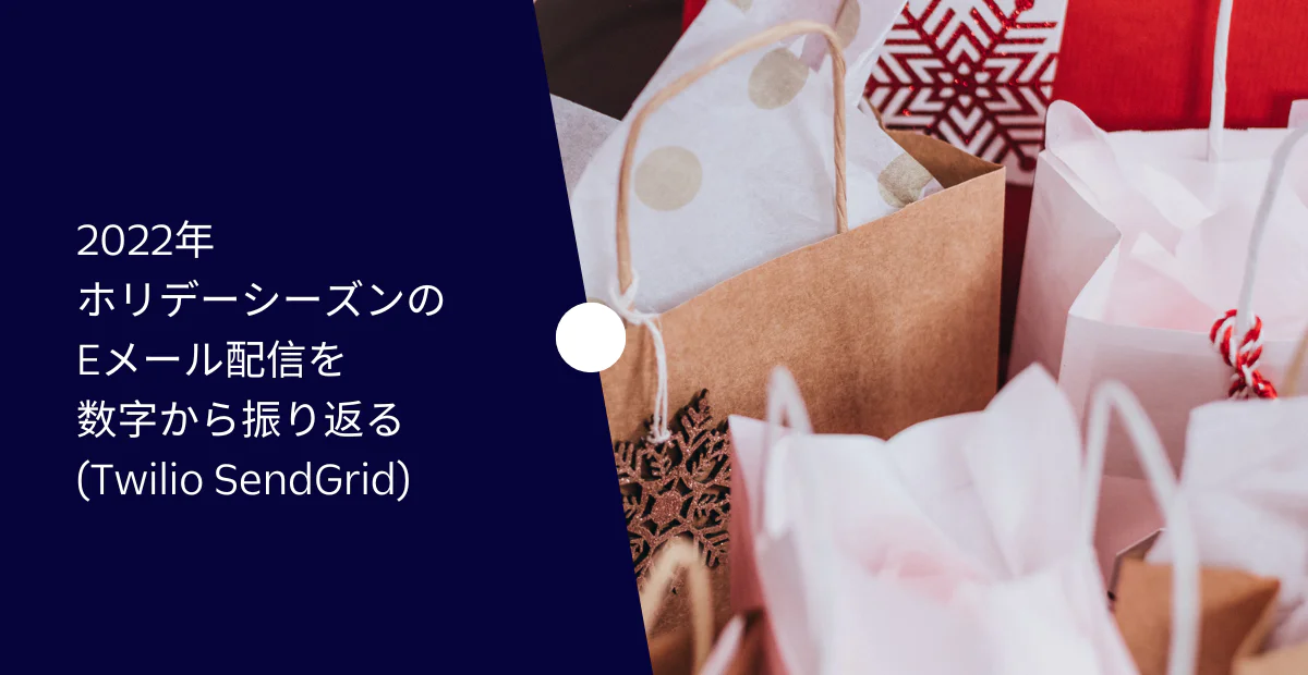 Close-up of gift bags with Japanese text discussing 2022 holiday email distribution by Twilio SendGrid.