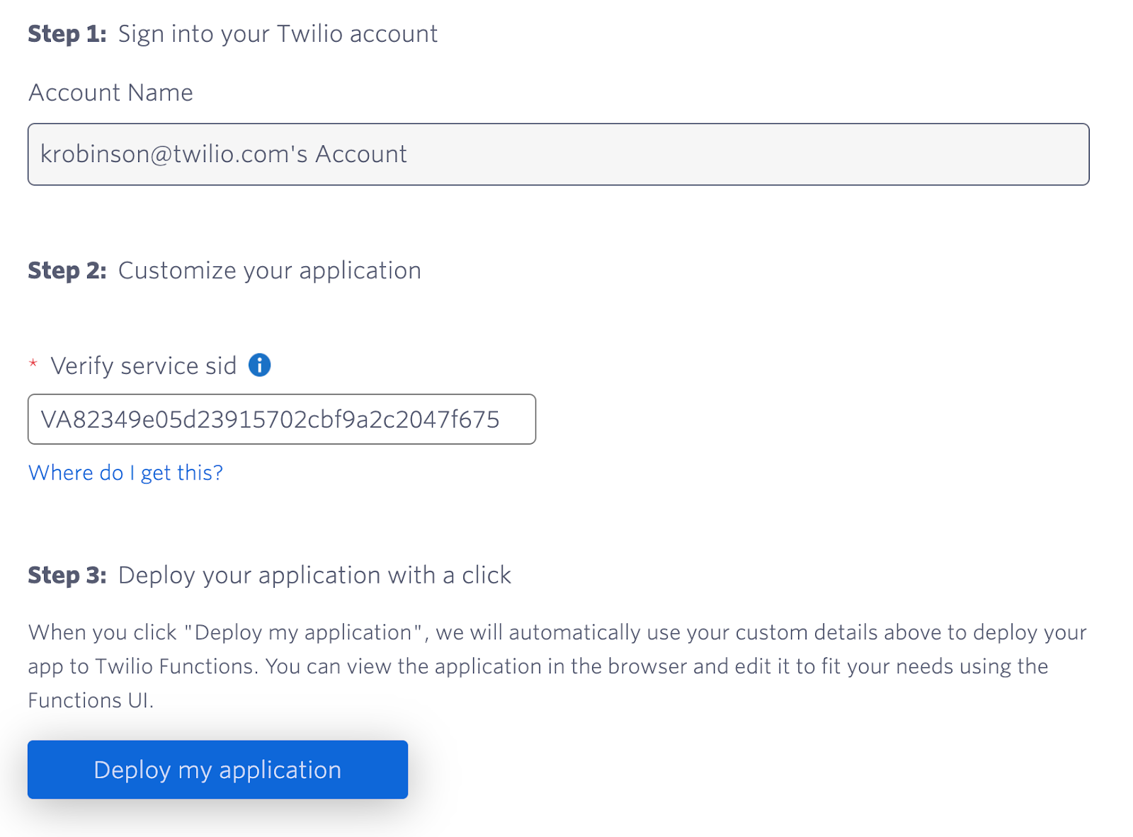 etapas 1 a 3 da implantação rápida da twilio, incluindo o campo para inserir seu sid do serviço verify e o botão enviar para implantar meu aplicativo