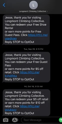 sms marketing example longmont climbing