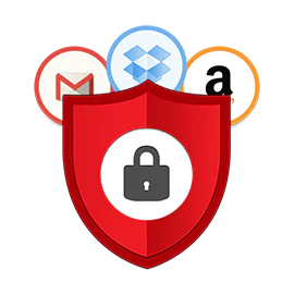 Red shield with lock icon surrounded by Gmail, Dropbox, and Amazon app icons.