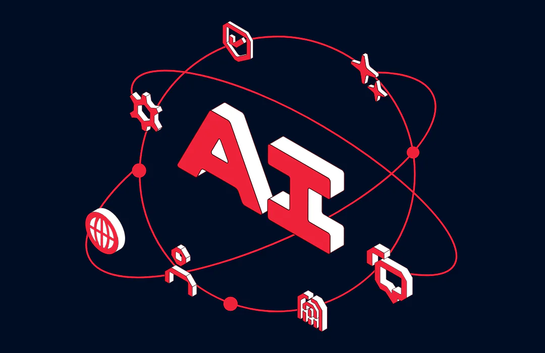 3D AI text surrounded by network and technology icons on a dark background.