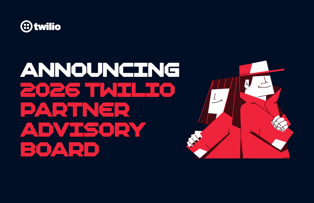Announcement graphic for 2026 Twilio Partner Advisory Board featuring two animated individuals.