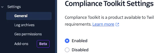 Screenshot of the settings menu highlighting the Compliance Toolkit settings with options to enable or disable.