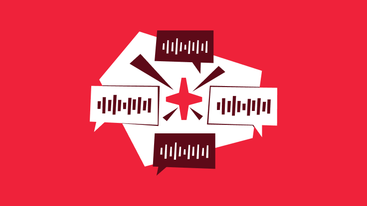 3D speech bubble icon on red background with soundwave graphic inside