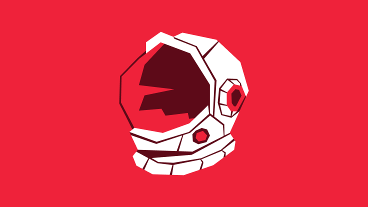 Illustration of a laptop with two airplane icons on the screen against a solid red background.
