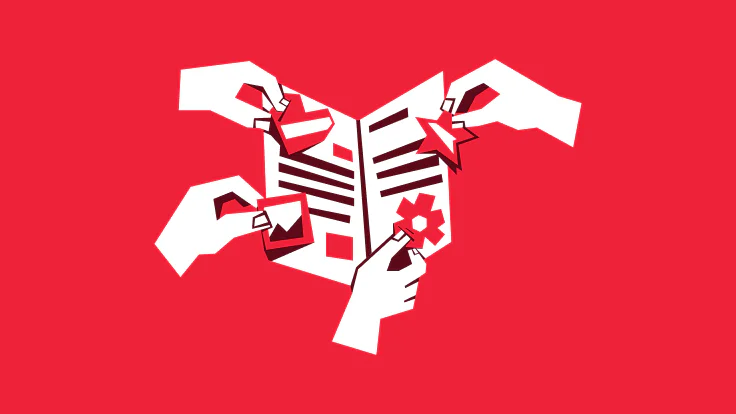 Illustration of an open red envelope with a white letter on a red background