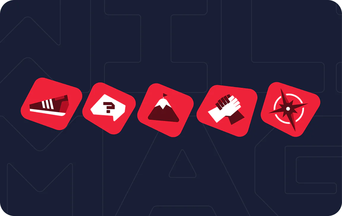 Red icons on a dark background depicting shoe, question mark, mountain, glove, and compass.