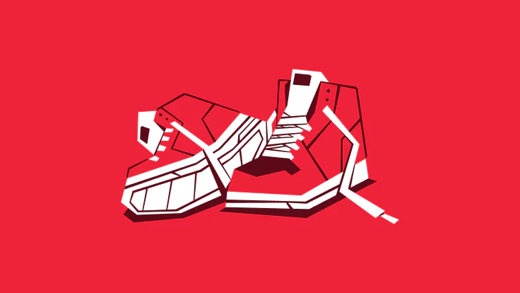 3D isometric pixel art of a blocky figure running, displayed on a solid red background.