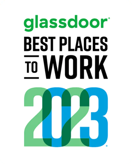 Glassdoor Best Places to Work 2023 logo with green and blue design elements.