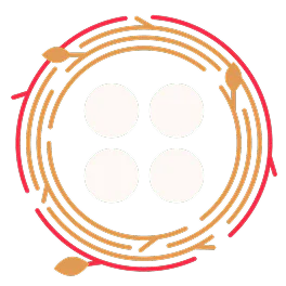 Four white circles within a circular arrangement of red and gold branches