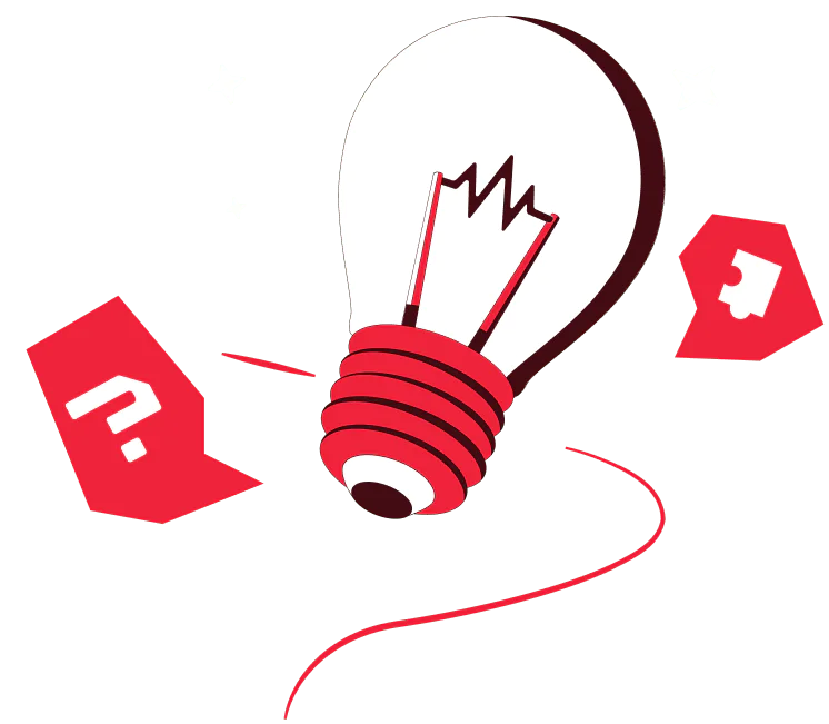 Lightbulb with red accents and puzzle pieces, symbolizing creative ideas and problem-solving.
