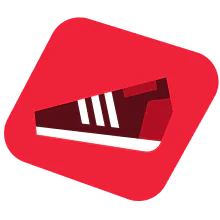 Illustration of a maroon sneaker with white stripes, enclosed in a red rounded square.