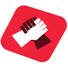 Illustration of two hands clasping each other in unity on a red background.