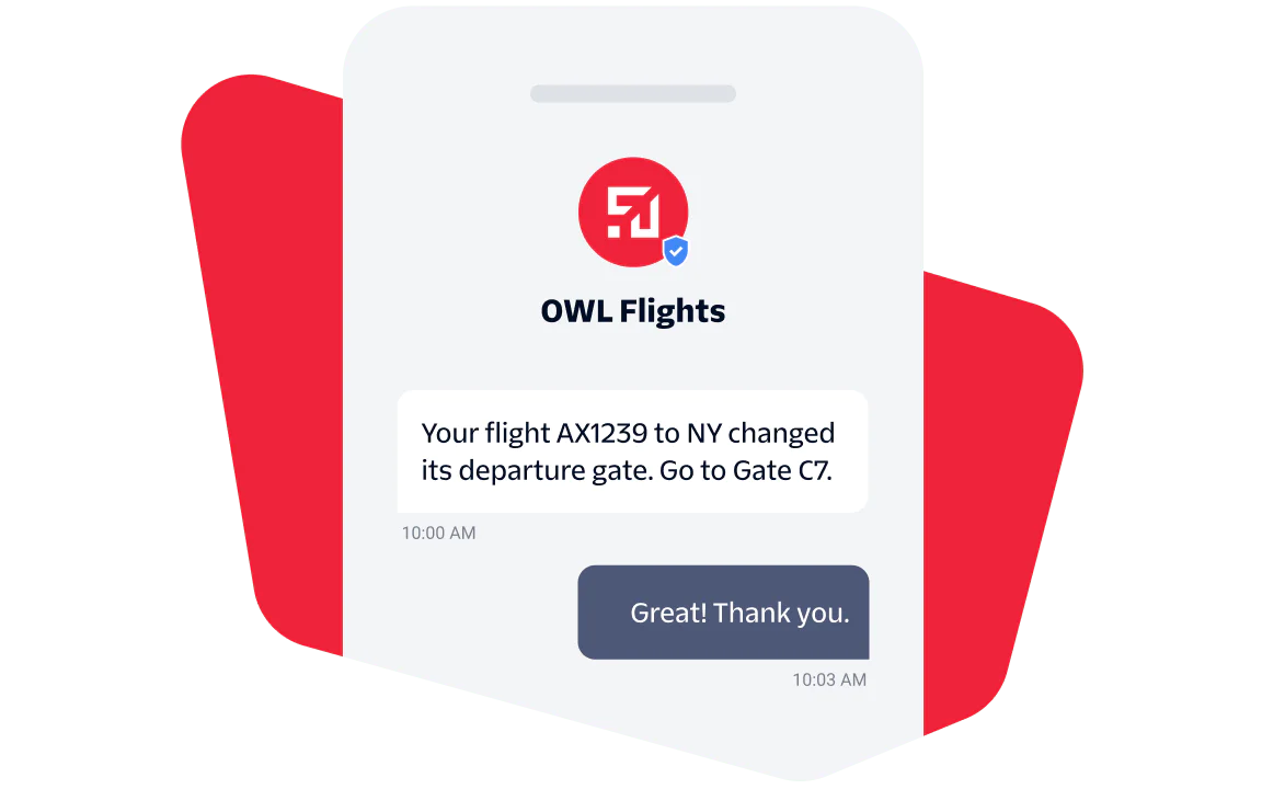 Chat message informing a passenger that their flight gate has changed to Gate C7.