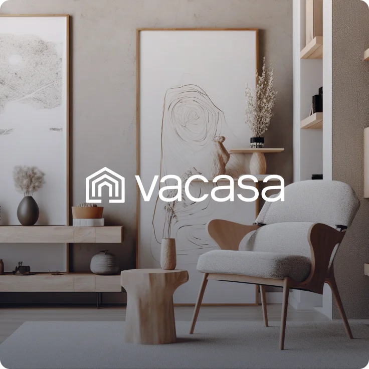 Vacasa logo card with a deluxe vacation home in the background