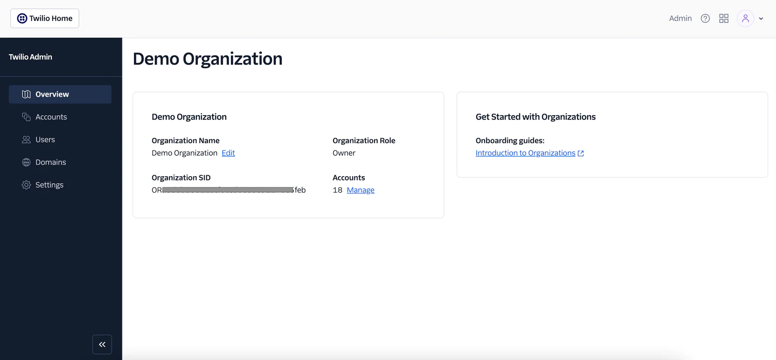 Screenshot of Twilio Admin Dashboard highlighting Demo Organization details and management options.