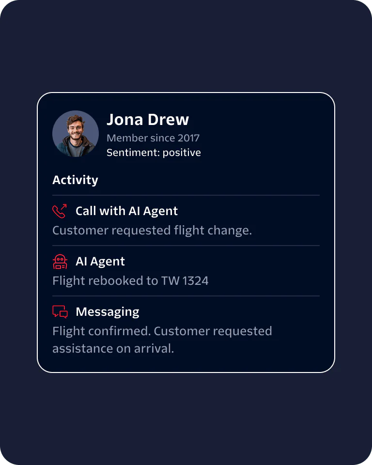 Profile of a customer interacting with AI agent for flight change and confirmation.