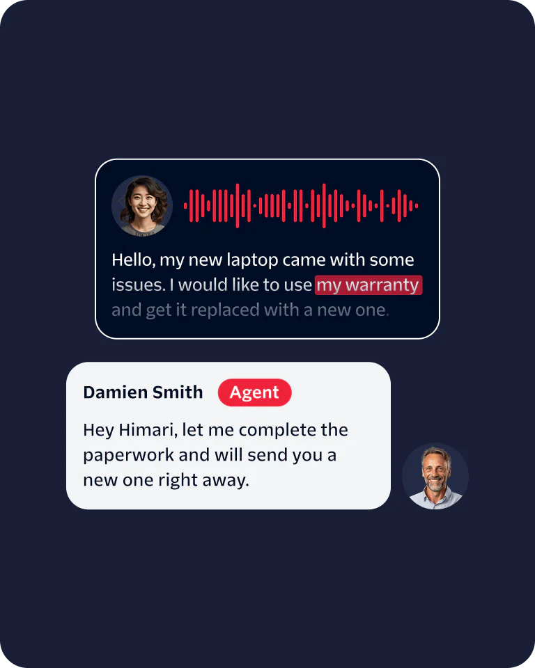 Chat interface where a customer reports a laptop issue and a support agent processes a warranty replacement.