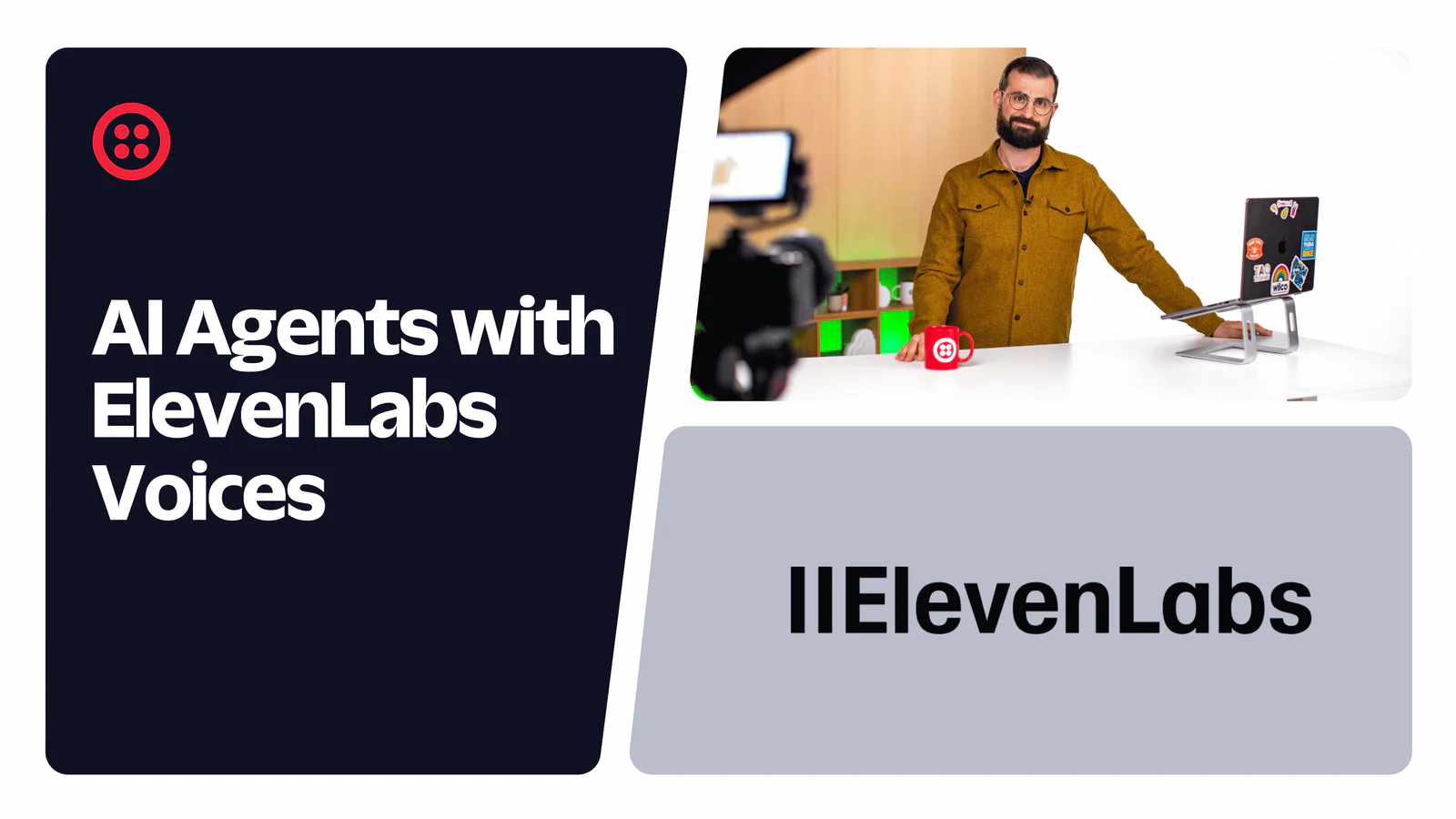 Man presenting about AI agents with ElevenLabs voices, showing a laptop and camera equipment.