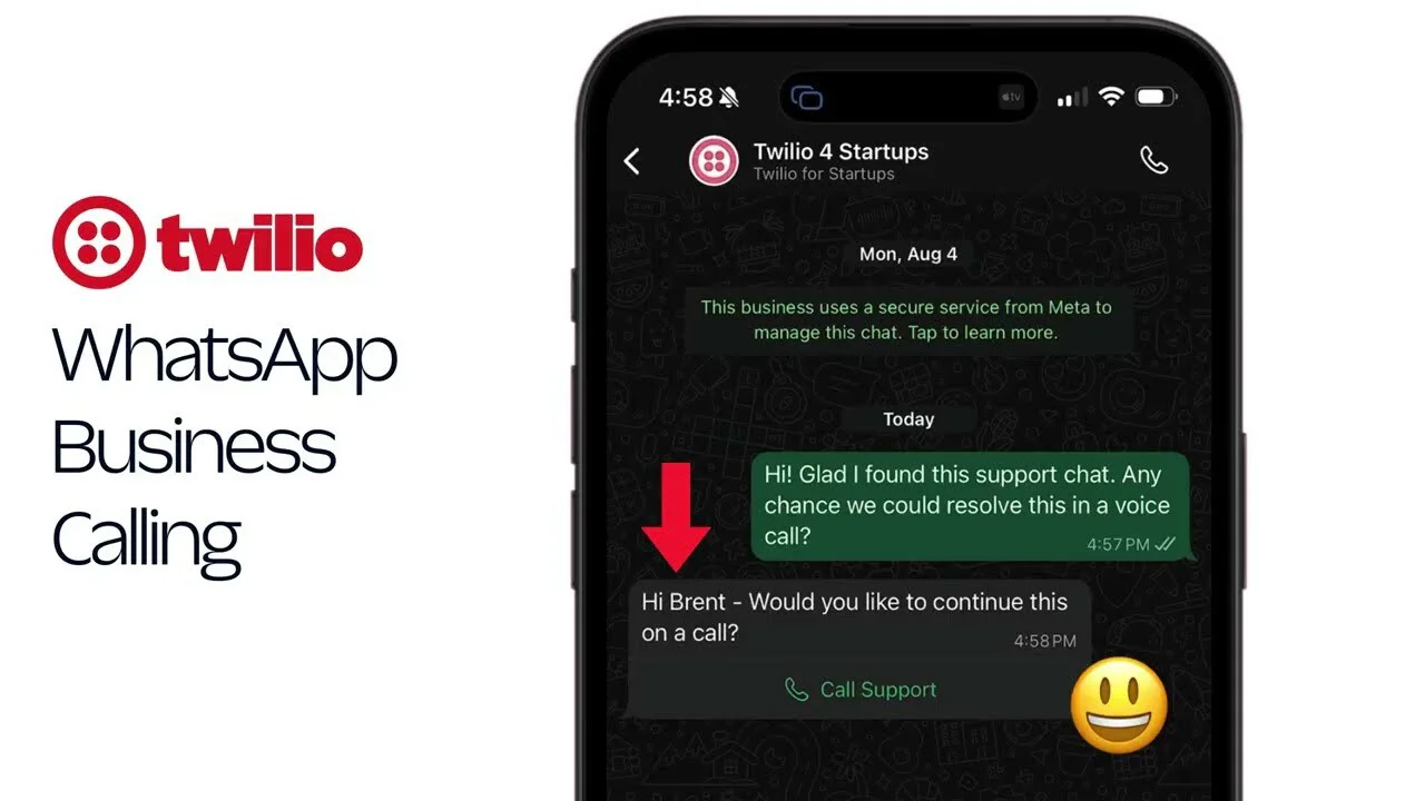 A phone displaying a WhatsApp chat with Twilio showcasing voice call feature for customer support.