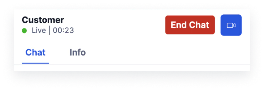 Live customer chat in progress with options to end chat or start video call.