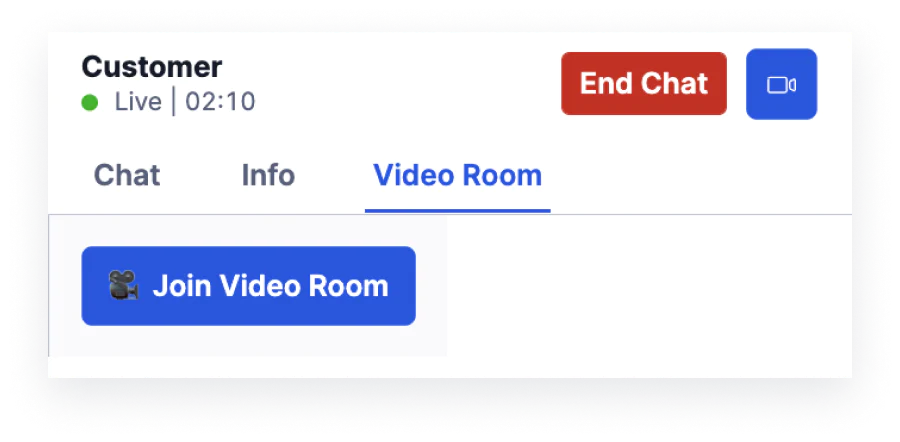 Customer chat window showing live status, chat options, and a button to join a video room.
