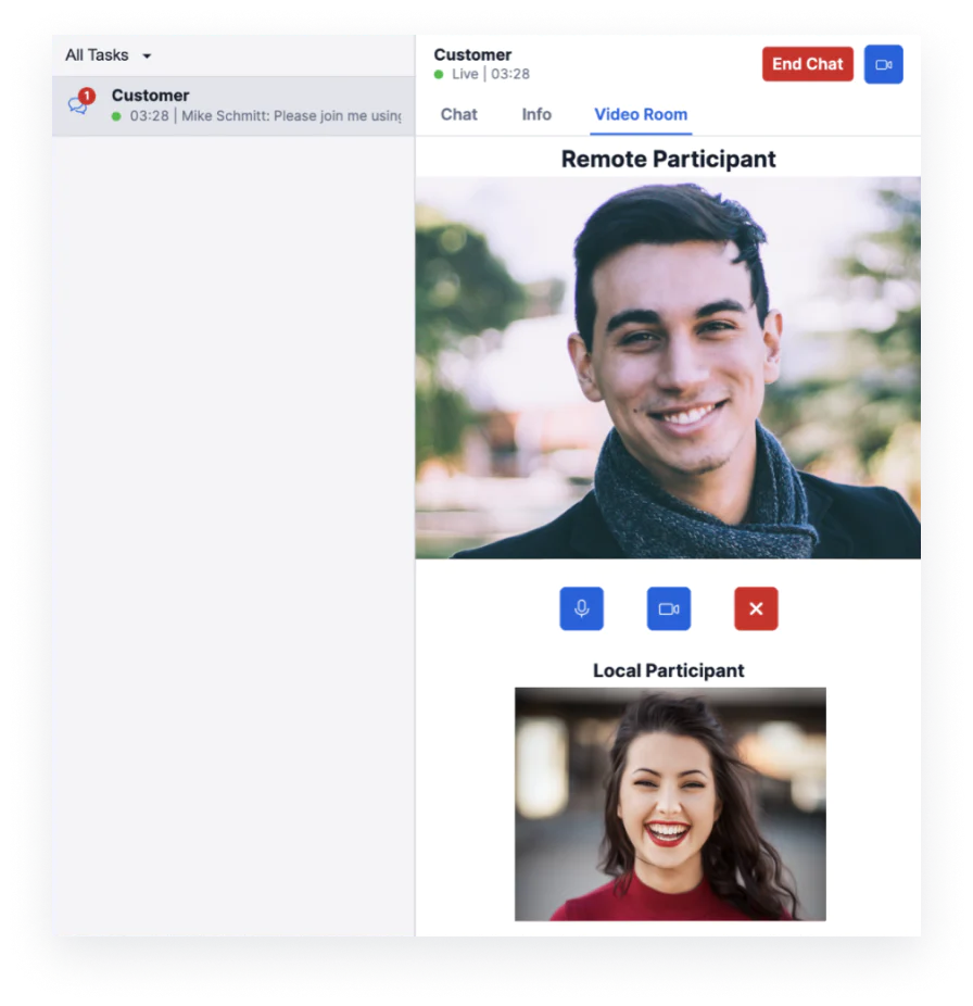 Video call screen showing a remote participant and a local participant with chat and control options.