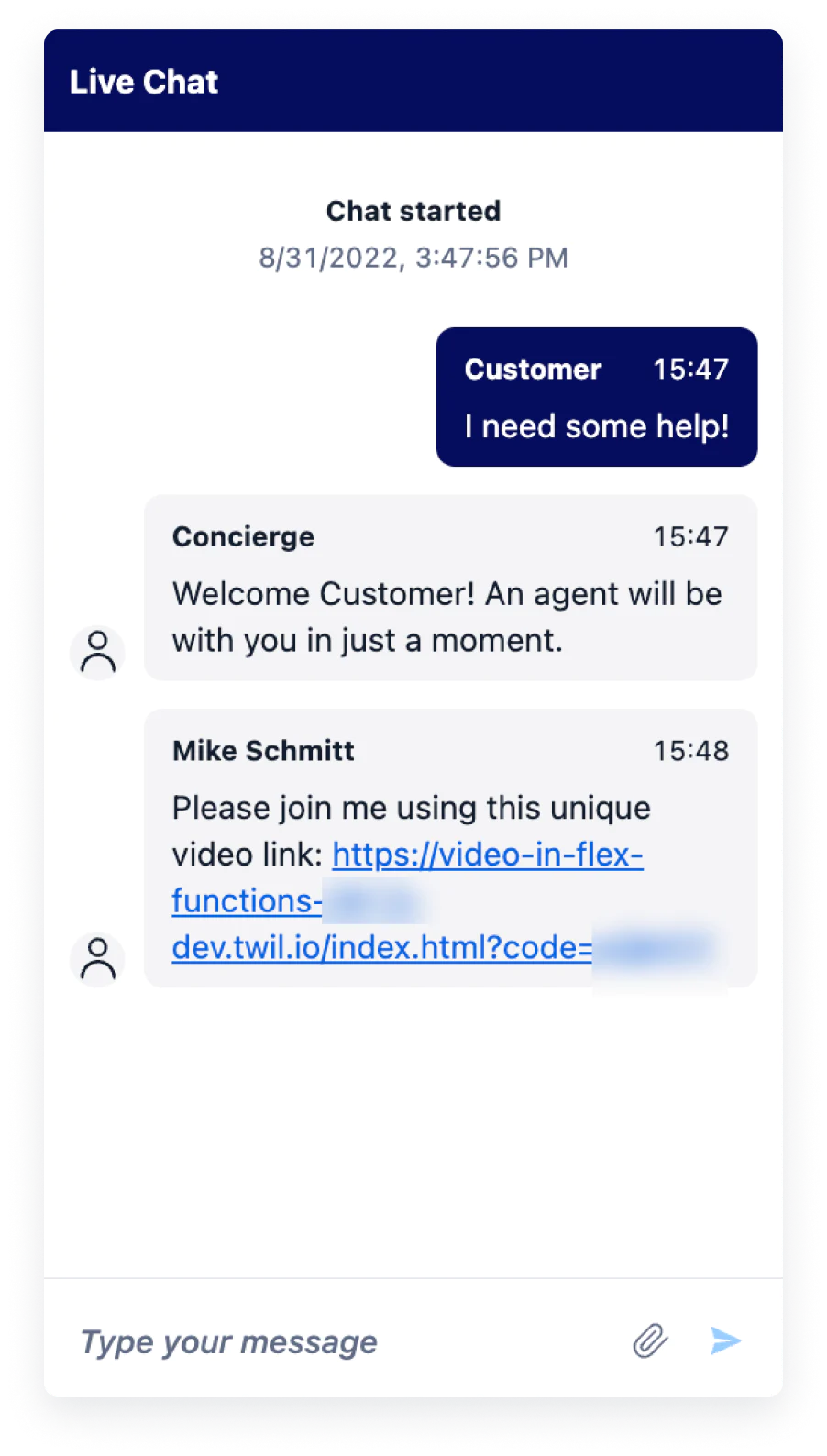 Screenshot of a live chat showing a customer requesting help and receiving responses from a concierge and Mike Schmitt.