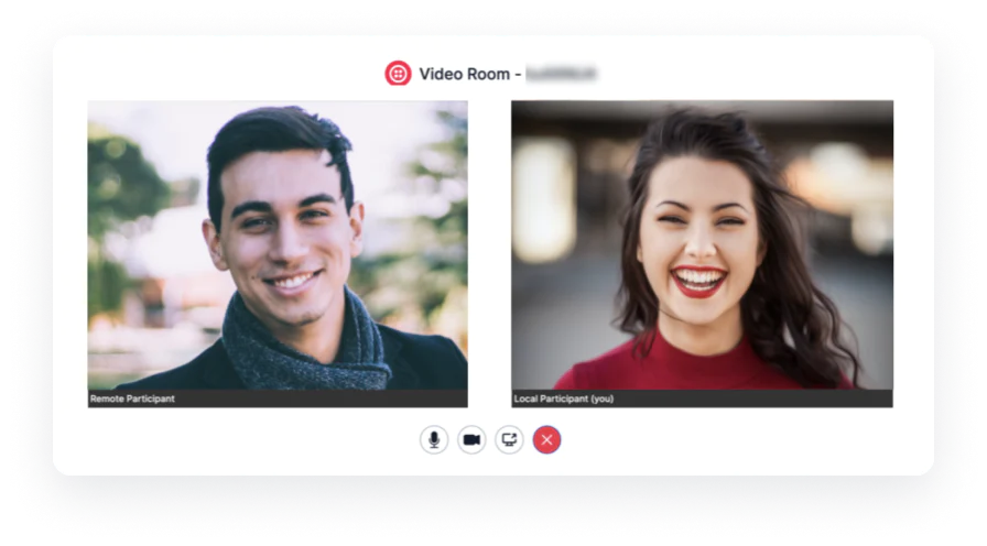 Two people smiling in a video call, labeled as remote and local participants.