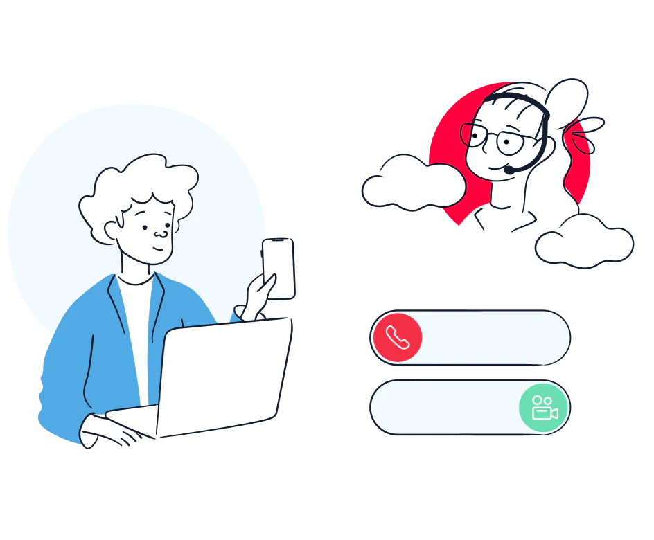 Illustration of a man video calling a female customer support agent displayed in circles with call options.