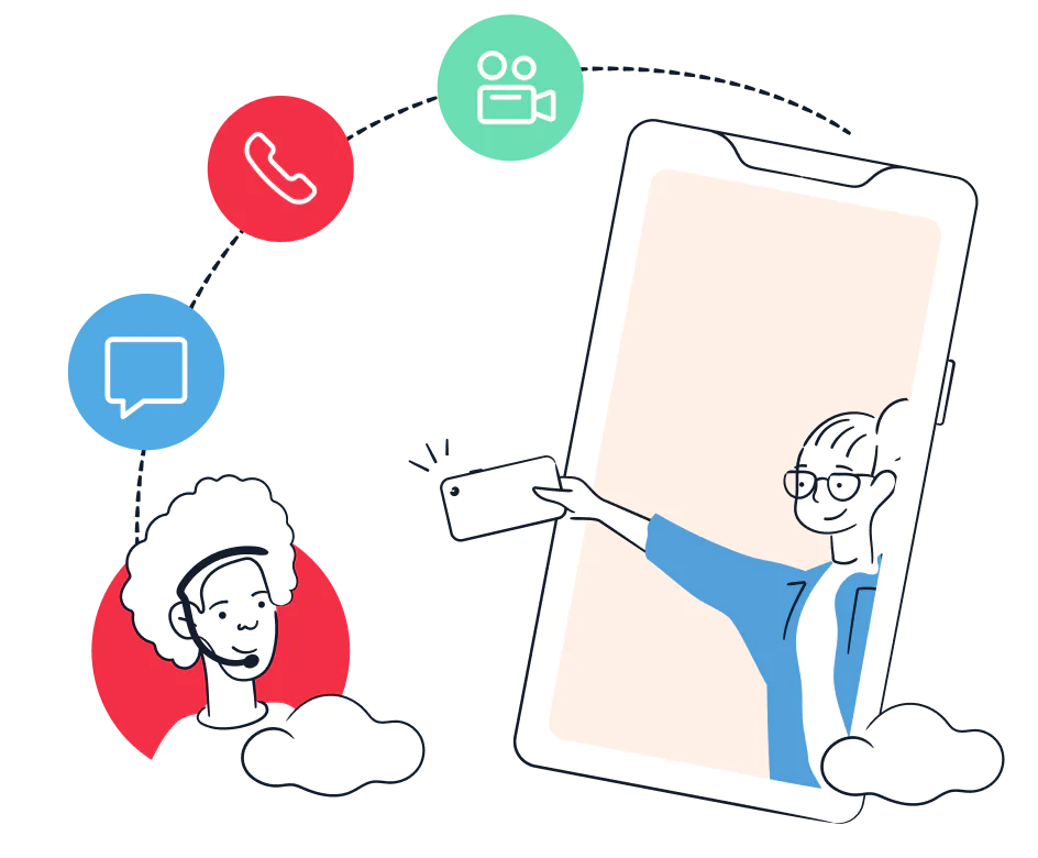 Cartoon of people connecting via phone, video call, and messages over a smartphone.