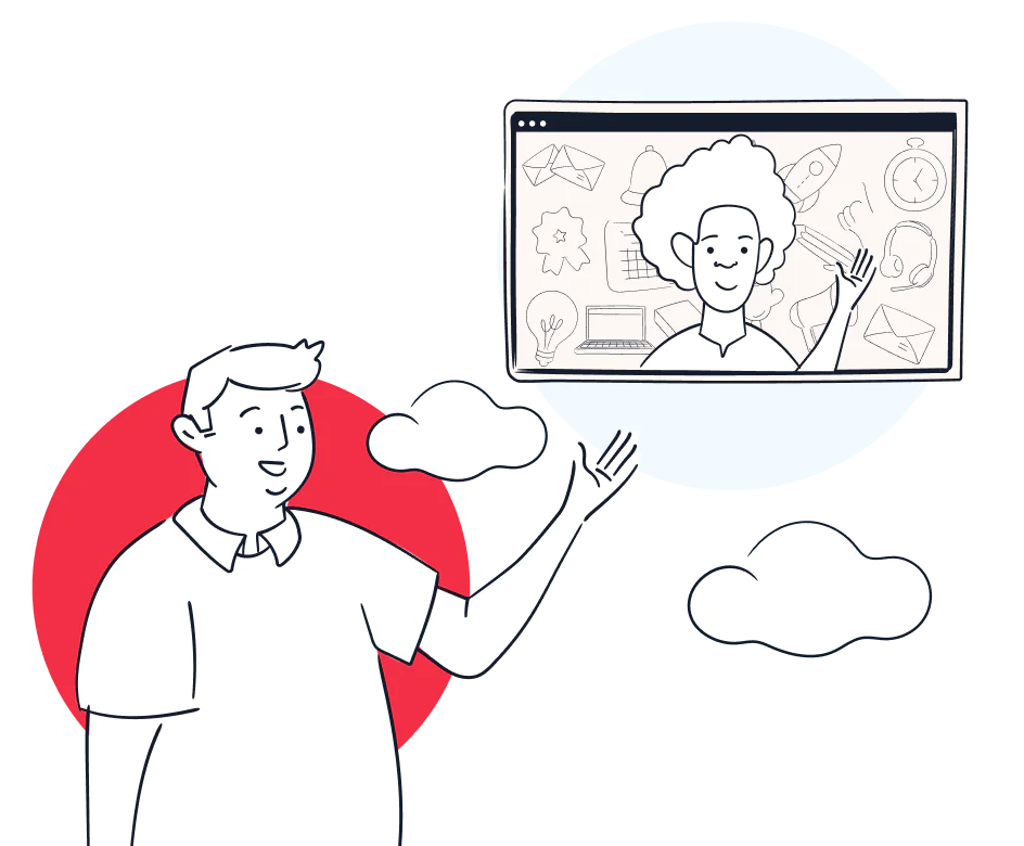 Cartoon person on a video call with another cartoon person in a screen, with clouds and colorful circles.