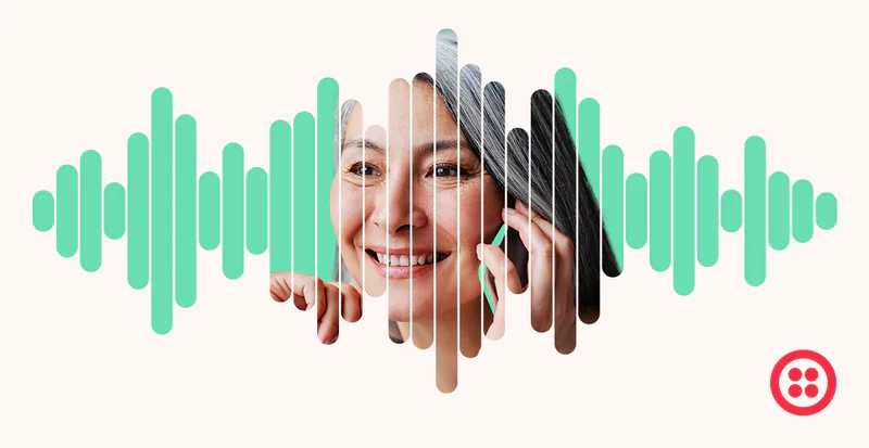 Woman's face and hand holding a phone overlaid with a green audio waveform pattern.
