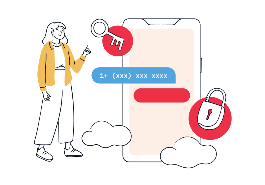 Illustration of a woman pointing at a smartphone screen with a key and lock icons depicting security features.