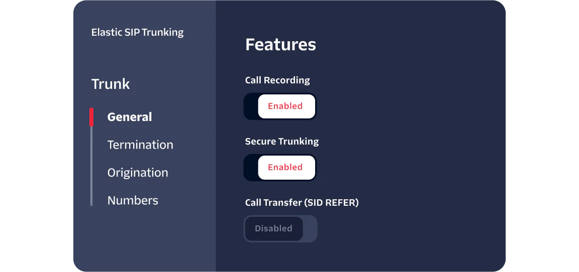 SIP Trunking Features Dashboard Dashboard displaying SIP trunking options with call recording and secure trunking enabled, and call transfer disabled.