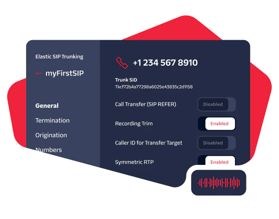 SIP Trunking Configuration Overview UI showing details of a SIP trunk configuration, with options for call transfer, recording, and symmetric RTP.