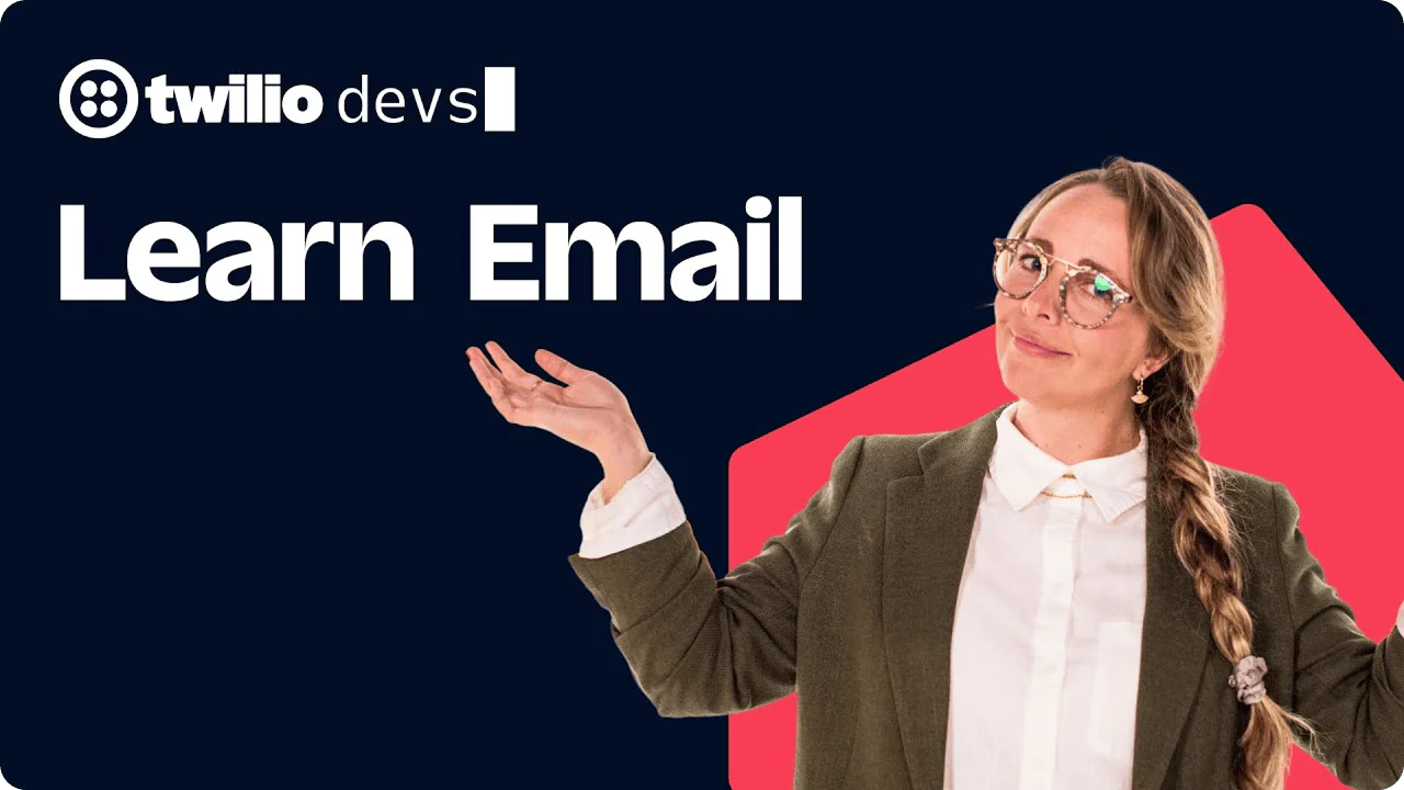 Woman presenting Learn Email for Twilio Devs with a dark background.
