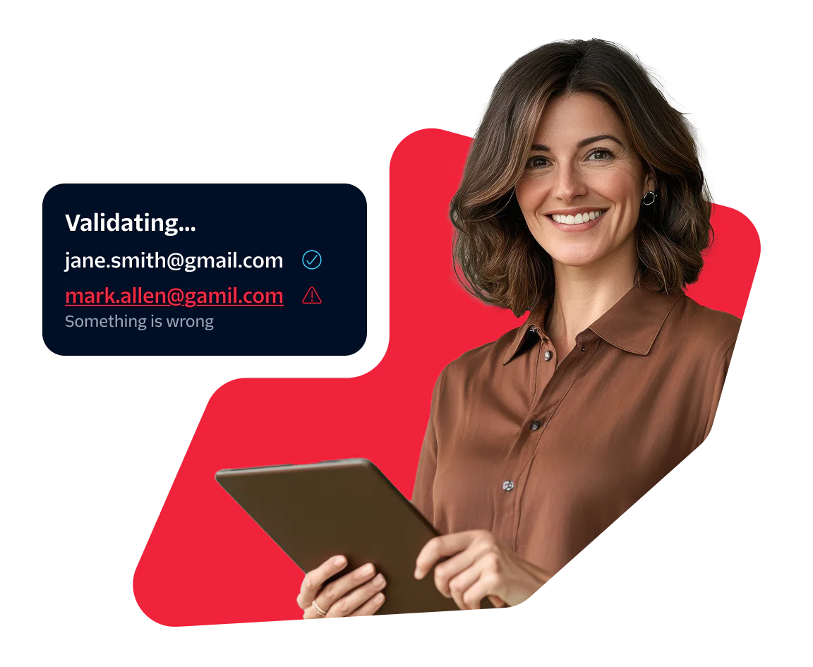Woman Reviewing Email Validation Results on a Tablet Woman holding a tablet, showing email validation results with one email correct and another incorrect.