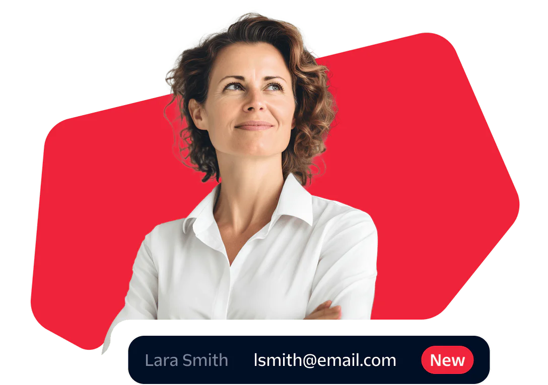 Professional Woman with Email Notification Woman in white shirt looking confident with an email address and new message alert