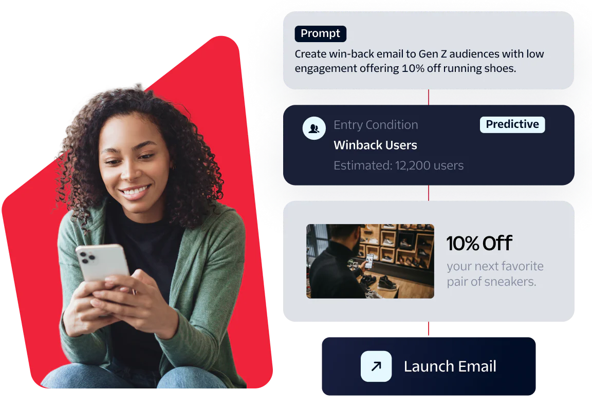 Woman looking at phone with prompt and promotional email components.