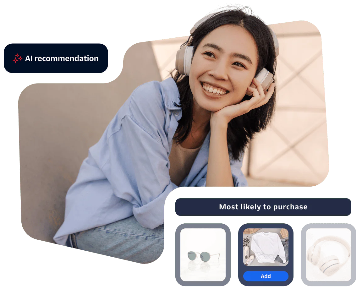 Woman in blue shirt wearing headphones and AI recommending sunglasses, shirt, and more headphones.