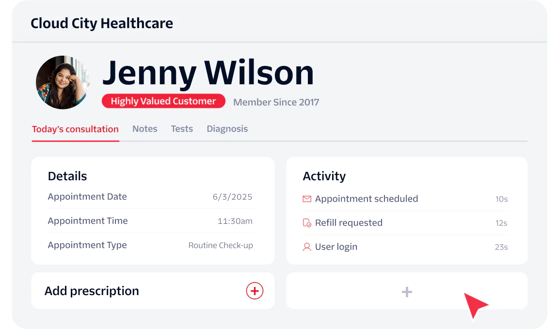 Healthcare Dashboard for Jenny Wilson Cloud City Healthcare dashboard for Jenny Wilson showing appointment and activity details.