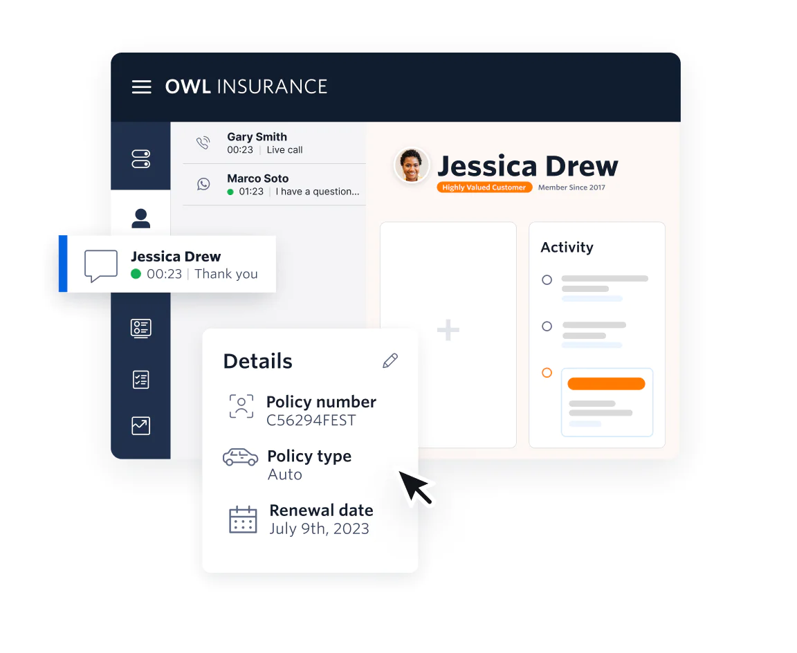 Flex contact center UI showing how you can pull in policy details from a customer record for contextual, friction-free customer engagement