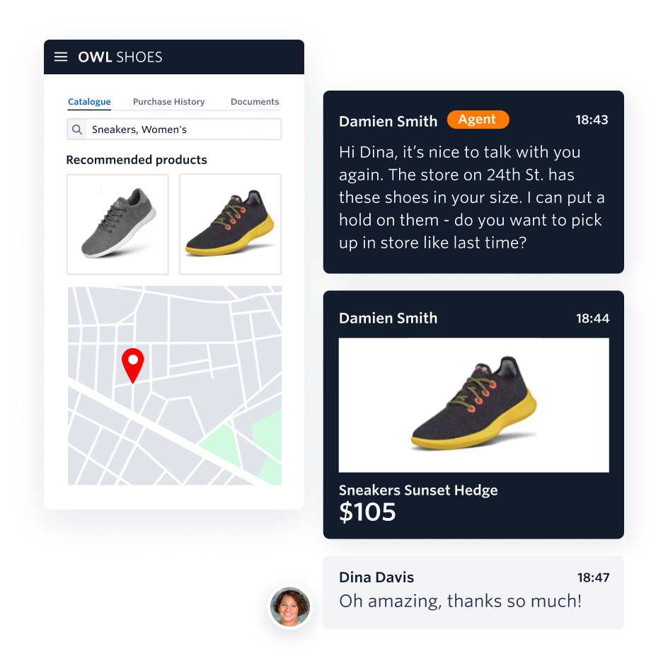 Illustration of a digital concierge service that enables customer service reps to proactively engage customers by sending pictures and videos over digital channels