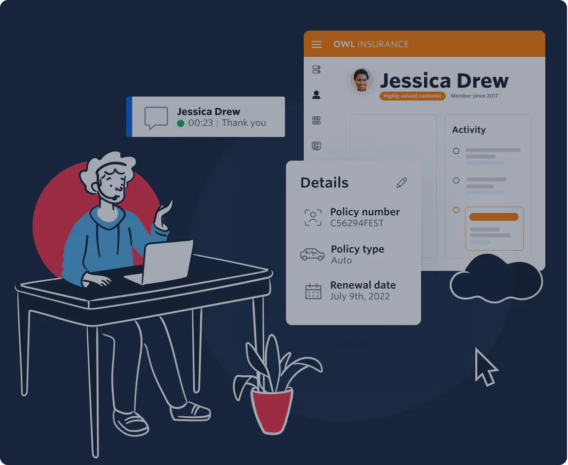 Illustration of the Flex UI showing how agents can pull up details about their customers’ policies for a seamless, contextual customer service experience.