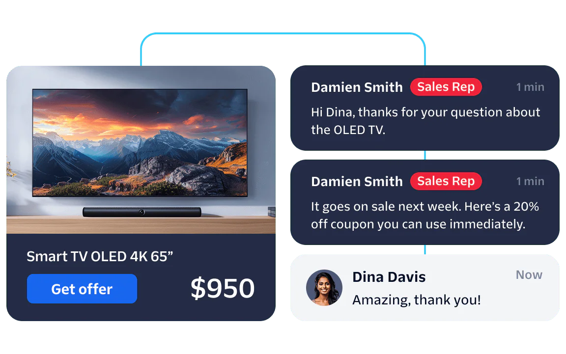 Smart TV Sales Chat Interaction Sales rep chats with customer about a $950 Smart TV OLED 4K 65 offer.