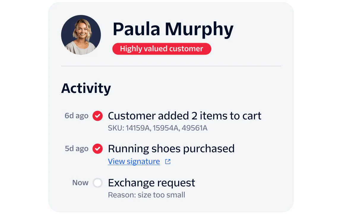 Customer Activity Report for Paula Murphy Profile of Paula Murphy showing recent shopping activities and an exchange request.