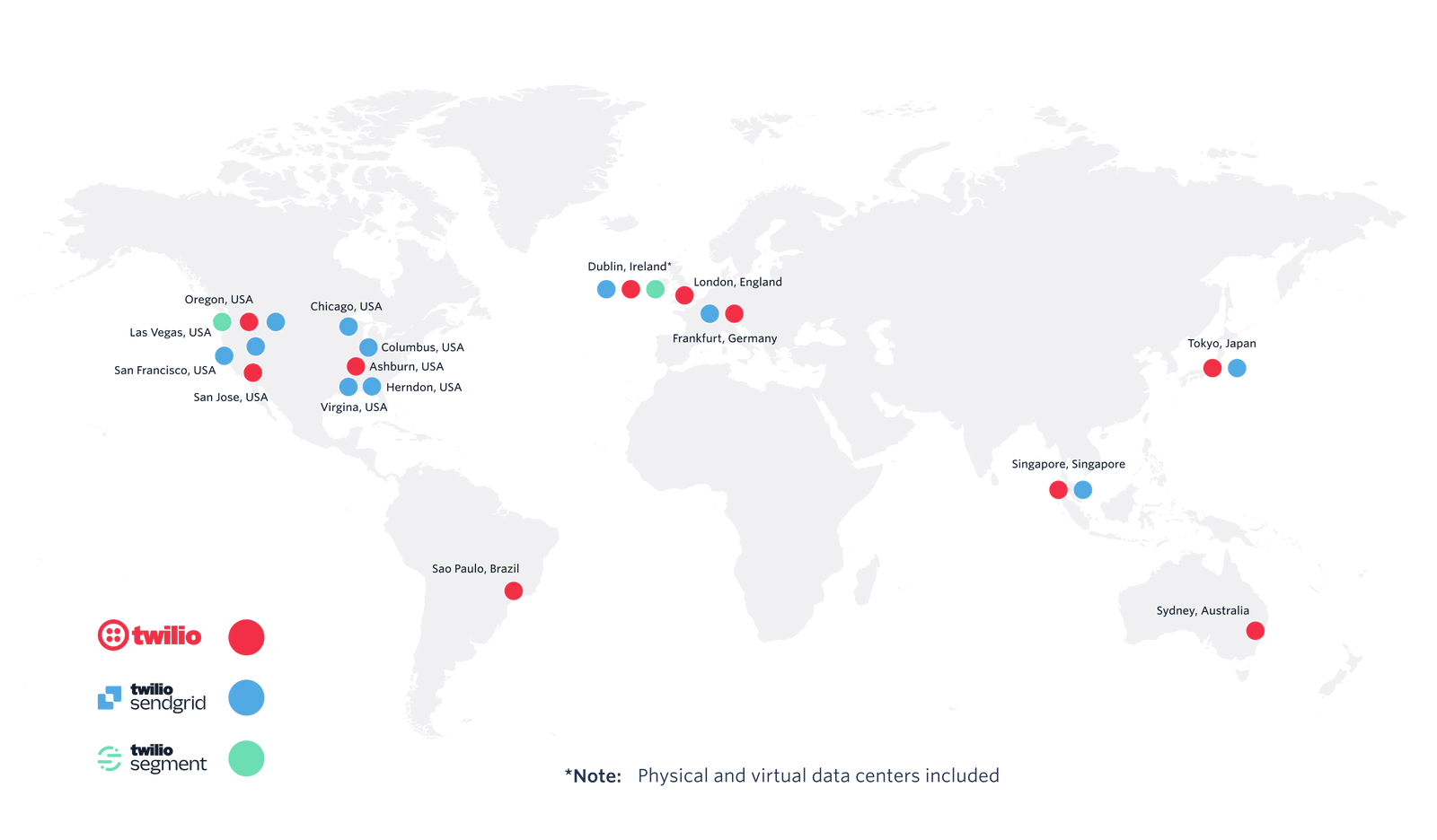 A global map showing Twilio data centers in San Jose California, Ashburn Virginia, London United Kingdom, Frankfurt Germany, Singapore, Tokyo Japan, and Sydney Australia